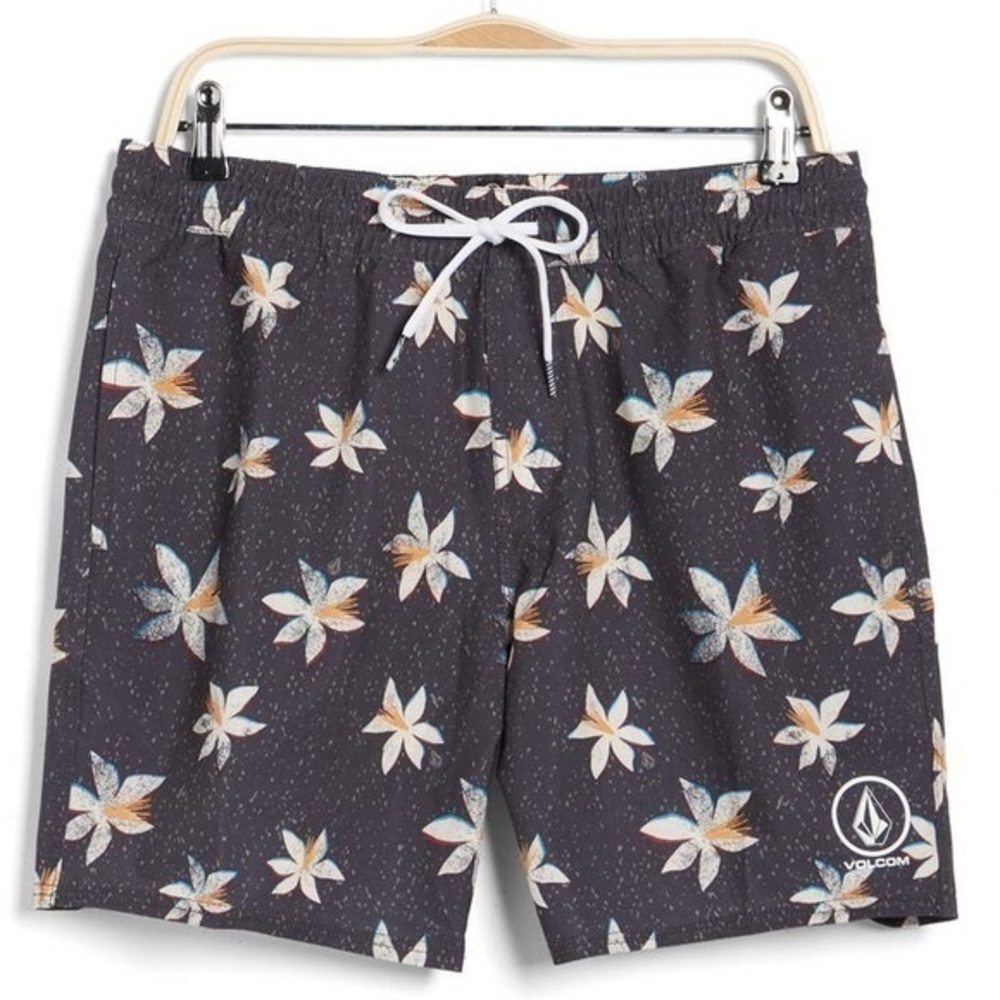 Volcom Manic Trunk 17 Men's Gray Floral Swim Trunks‎ Size Large